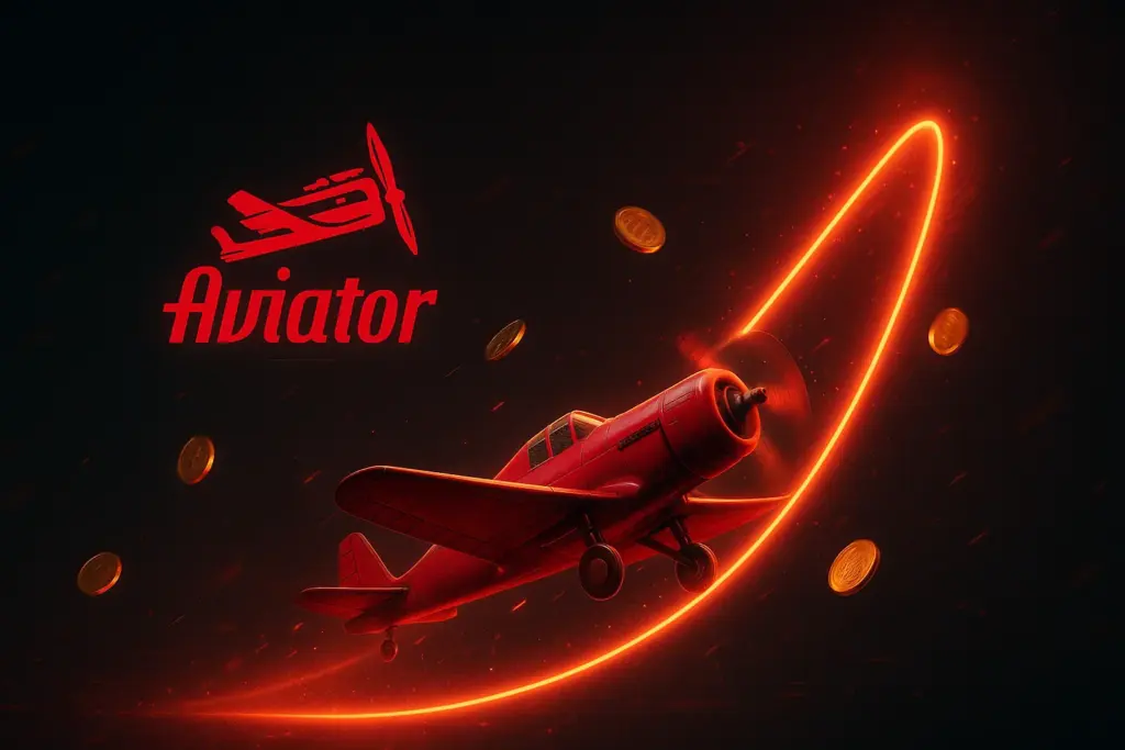 Aviator game banner featuring a red airplane flying along a glowing neon trail with coins floating in a dark background