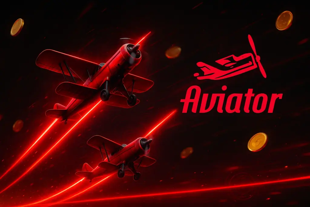 Aviator game artwork showing two red airplanes leaving bright neon trails as coins float around on a dark backdrop.